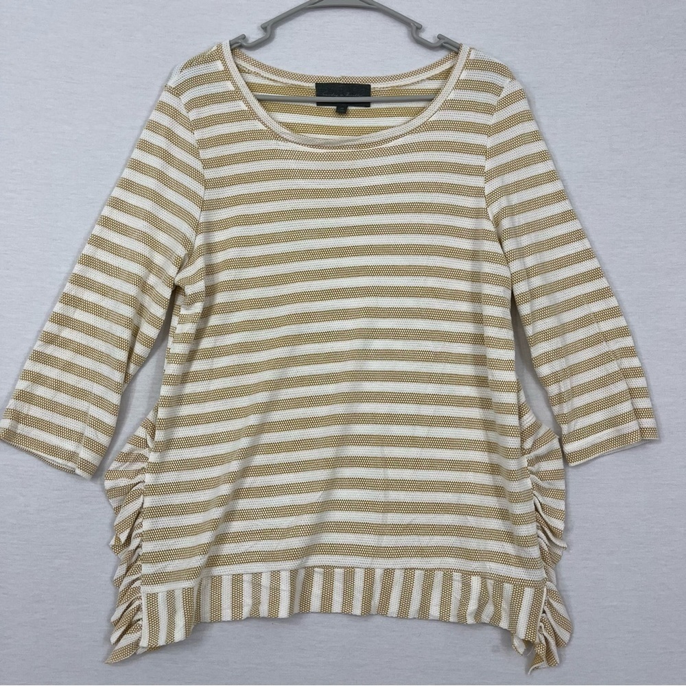 Sunday in Brooklyn Yellow White Striped Ruffle Detail Pull-over Knit Top Medium